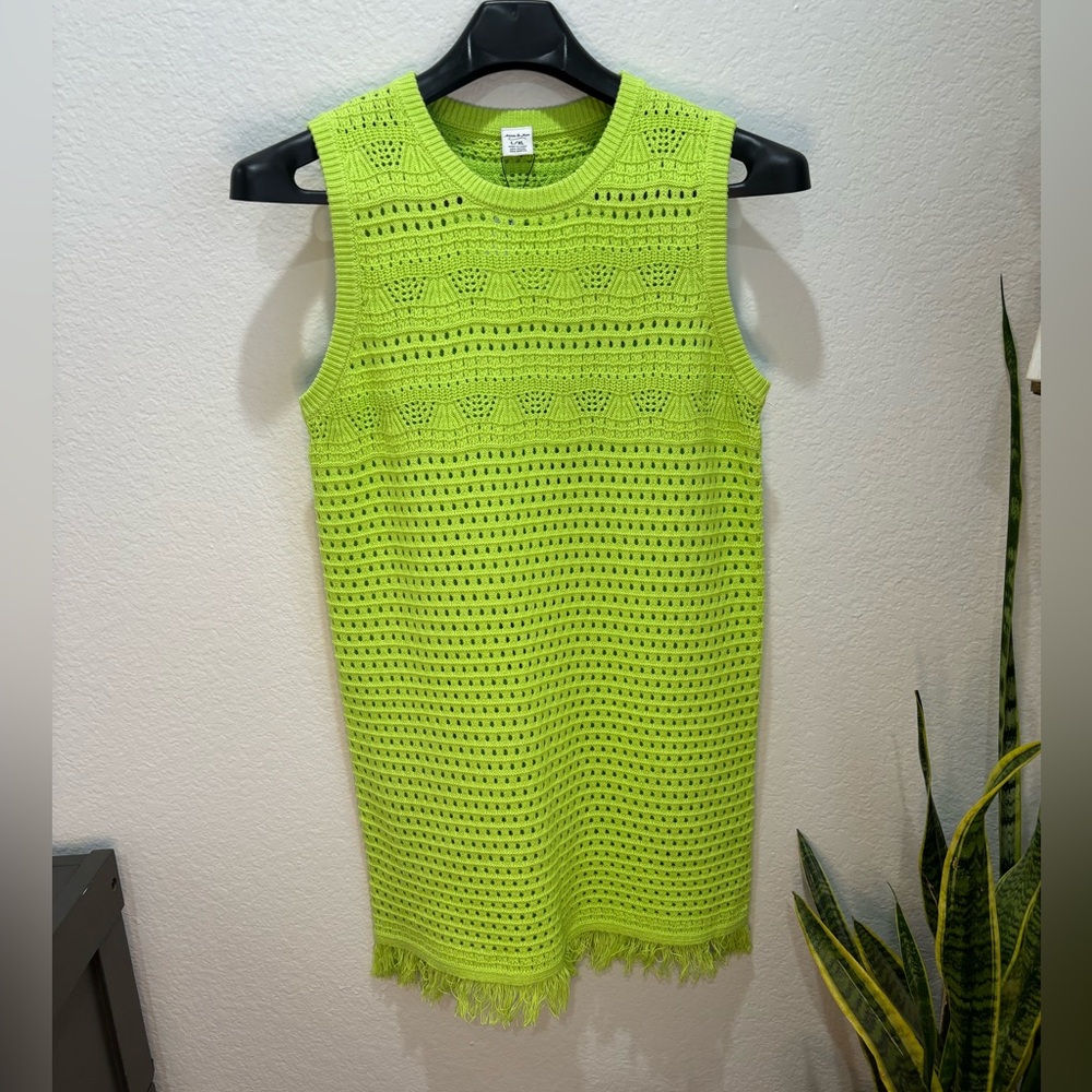 NWT- Anna & Ava Crocheted beach cover-up in bright green sleeveless with fringe